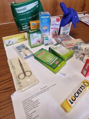 Image shows contents of a recommended first aid kit laid out at the community council meeting