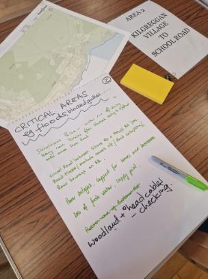 Image show maps lying on table with notes made by locals beside them