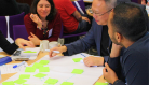 Image of 3 people sat round a mind map covered in bright yellow post-it notes. 